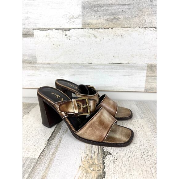 Prada womens 6 vintage block heel buckle sandals brown italy 2000 leather - Picture 2 of 8